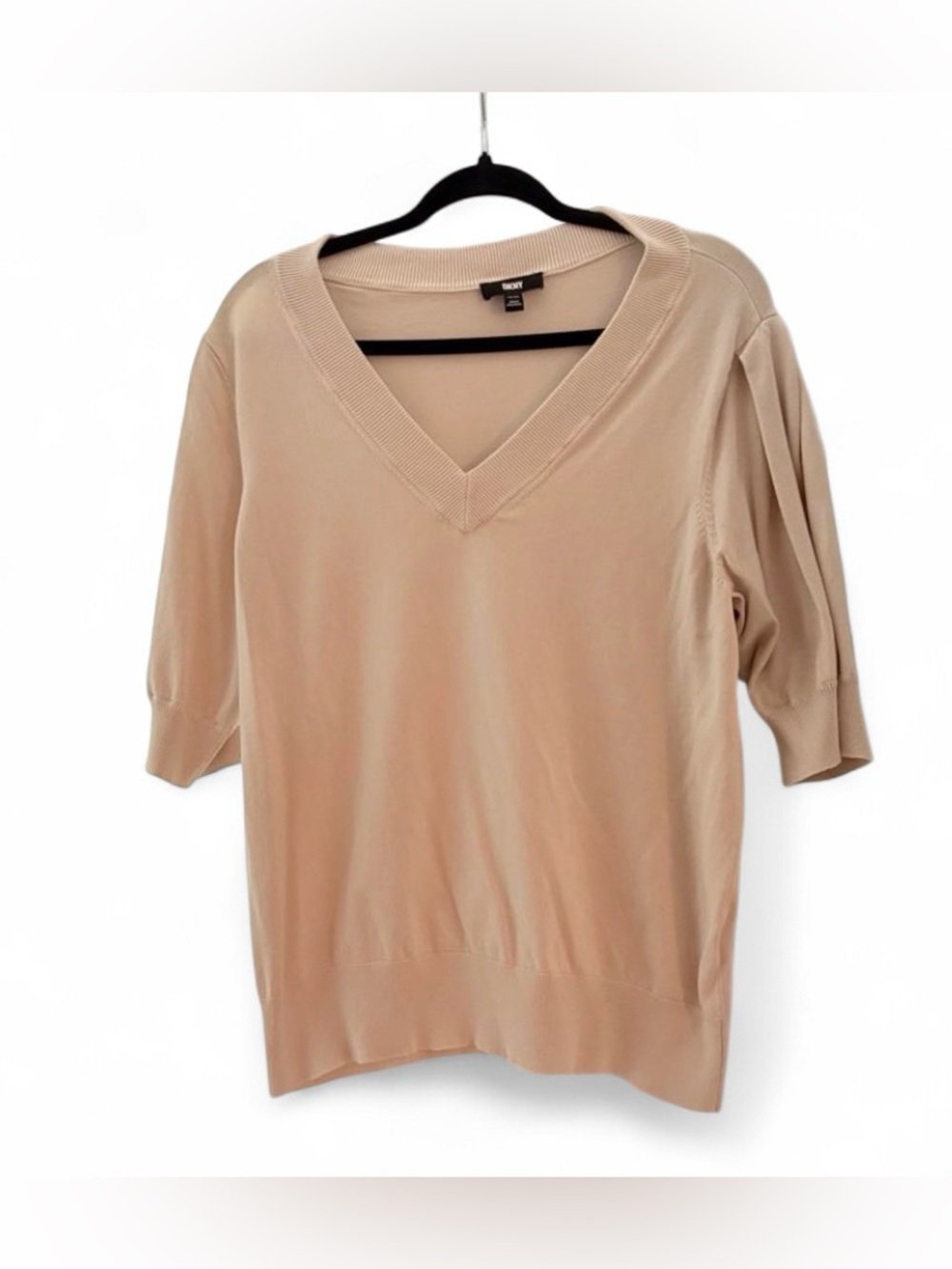 DKNY Birch Beige Puff Short Sleeve V-Neck Knit Sweater Top XXL PTP 46”